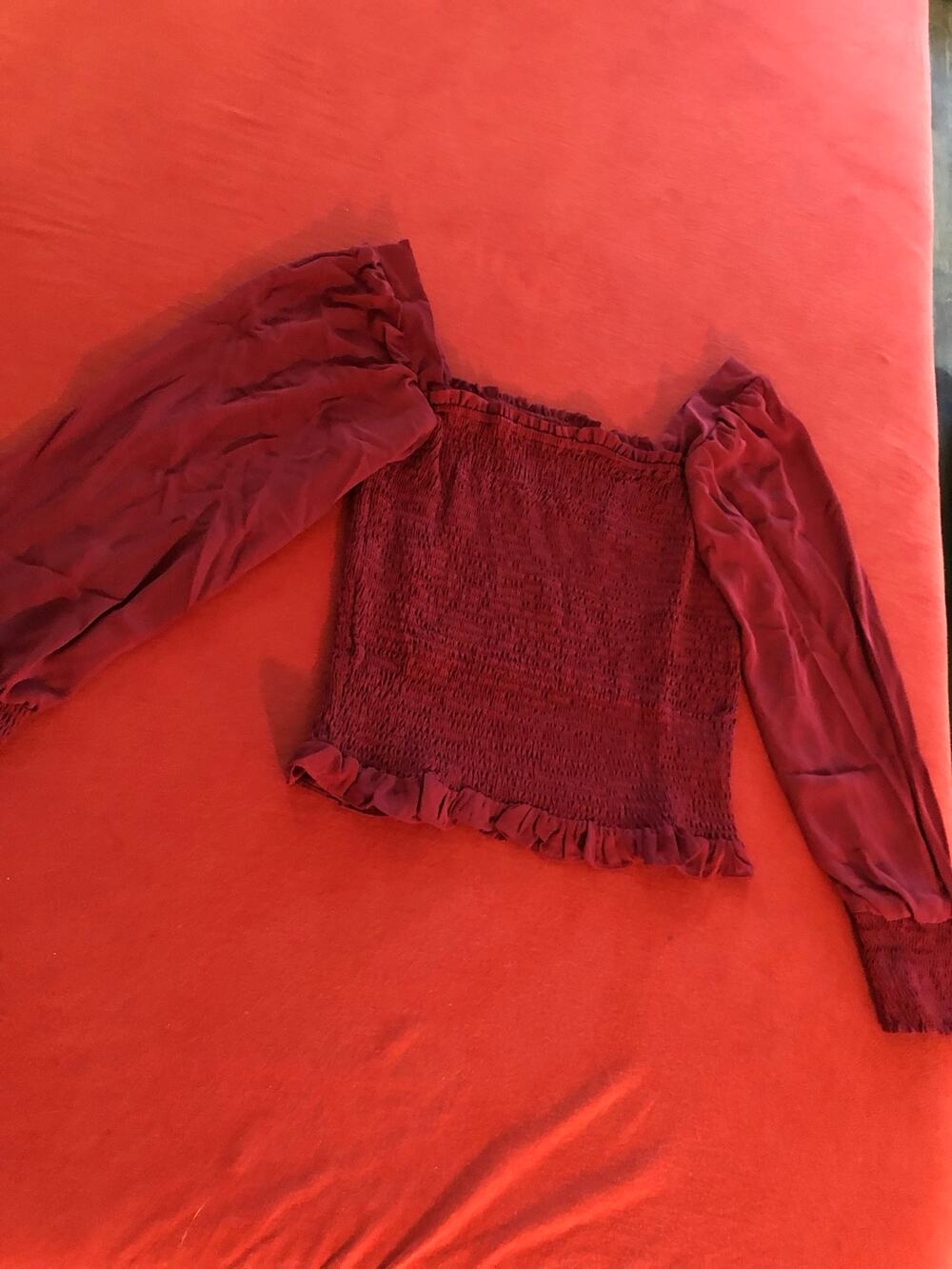 Cbrand NWOT red wine colored smocked long sleeve blouse Size XXL